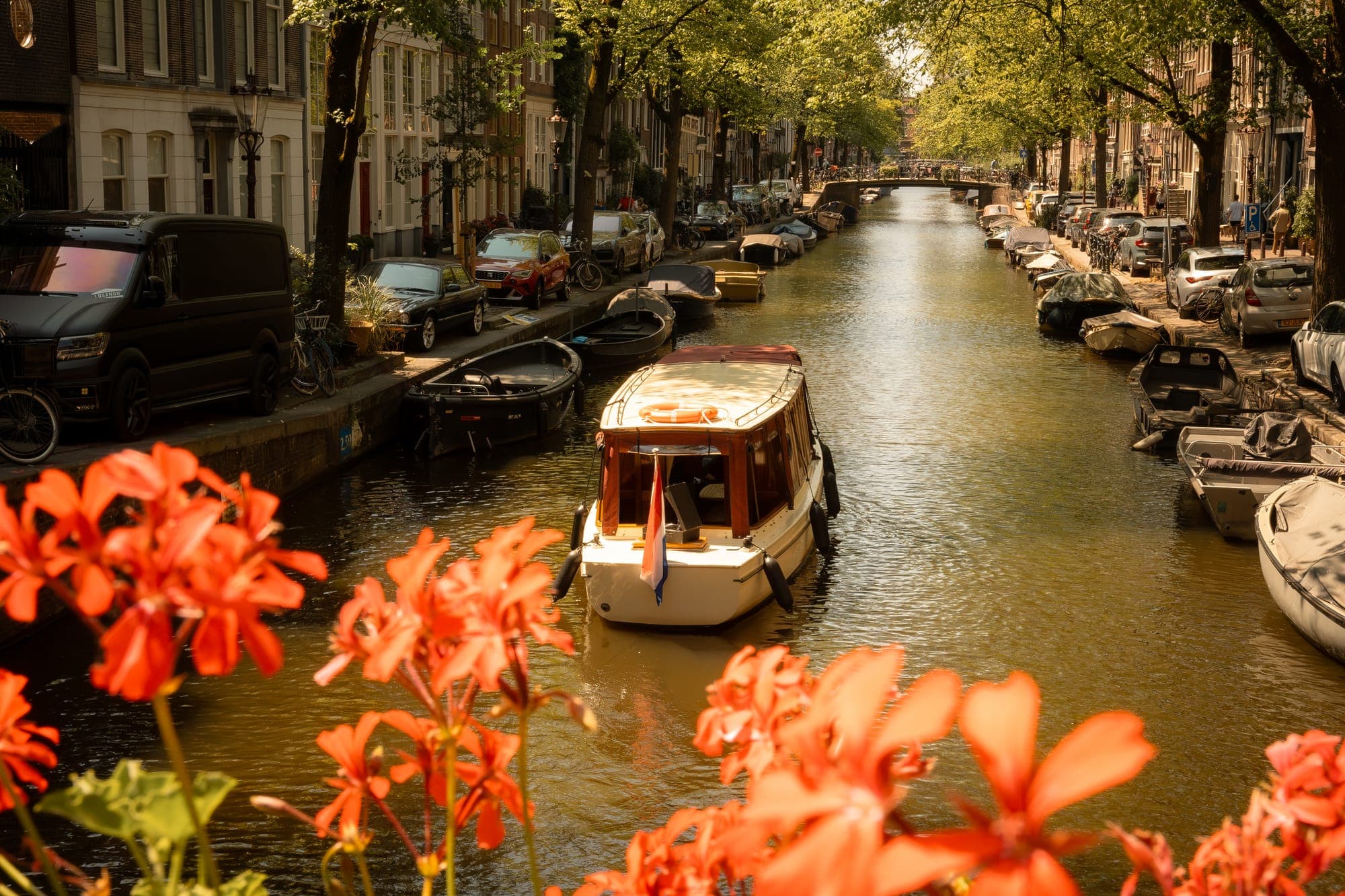 The Dauphine sailing along an Amsterdam canal, with flowers in the foreground